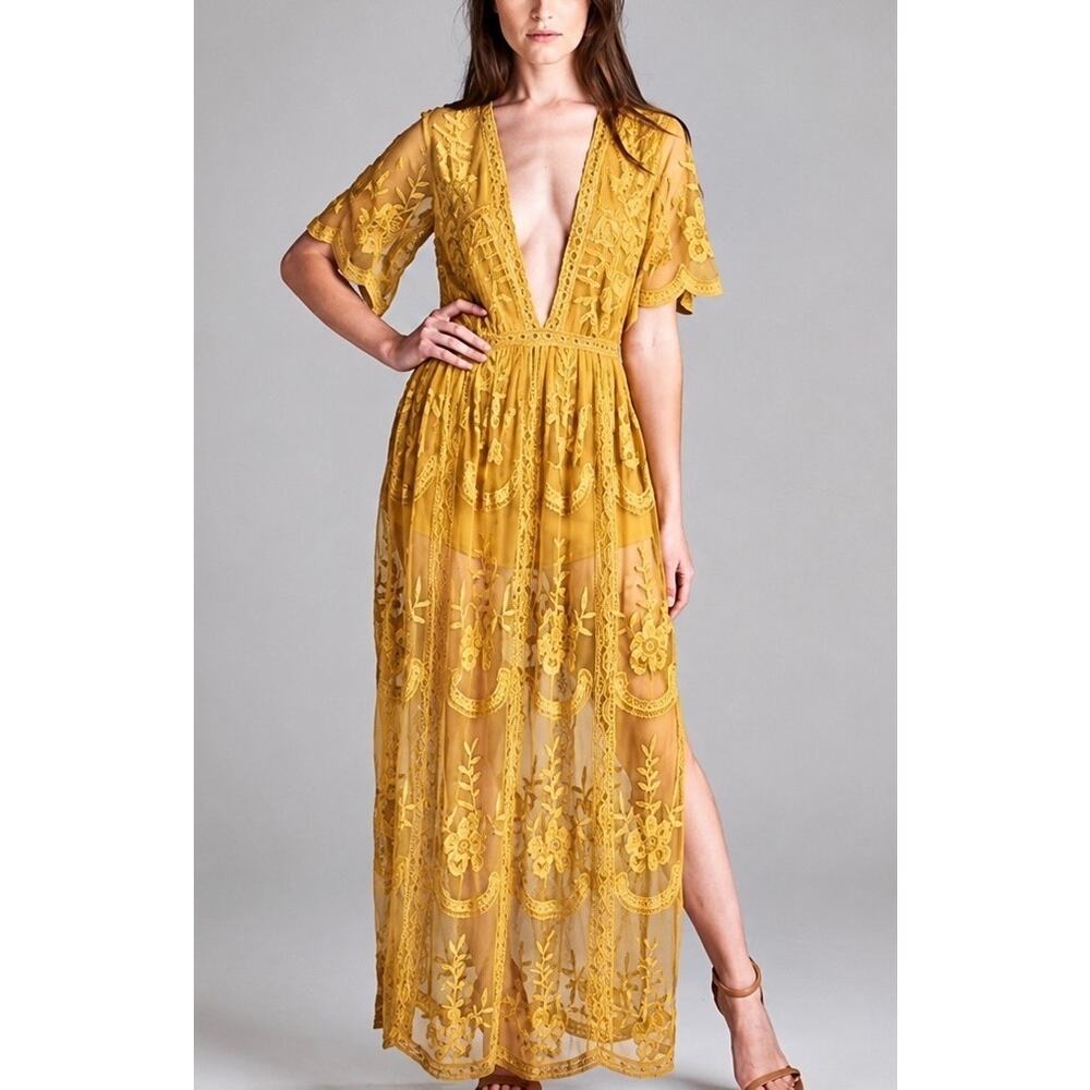Wild Honey Mustard Yellow Lace Sheer Maxi Romper Dress Overlay Boho Size Small
